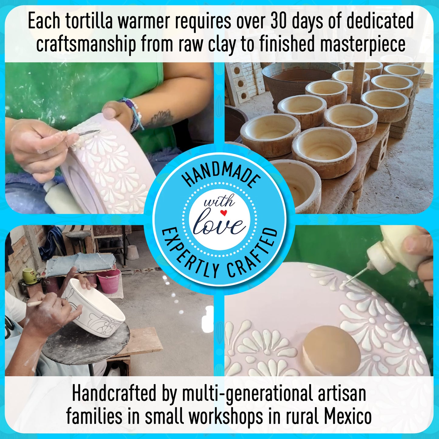 Tortilla Warmer - Puebla Style - White on Blue
