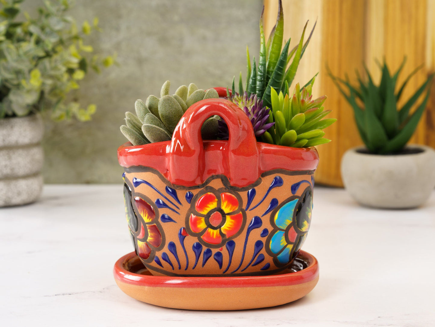 Handbag Planter - Mini - Terracotta Butterfly - Red Trim