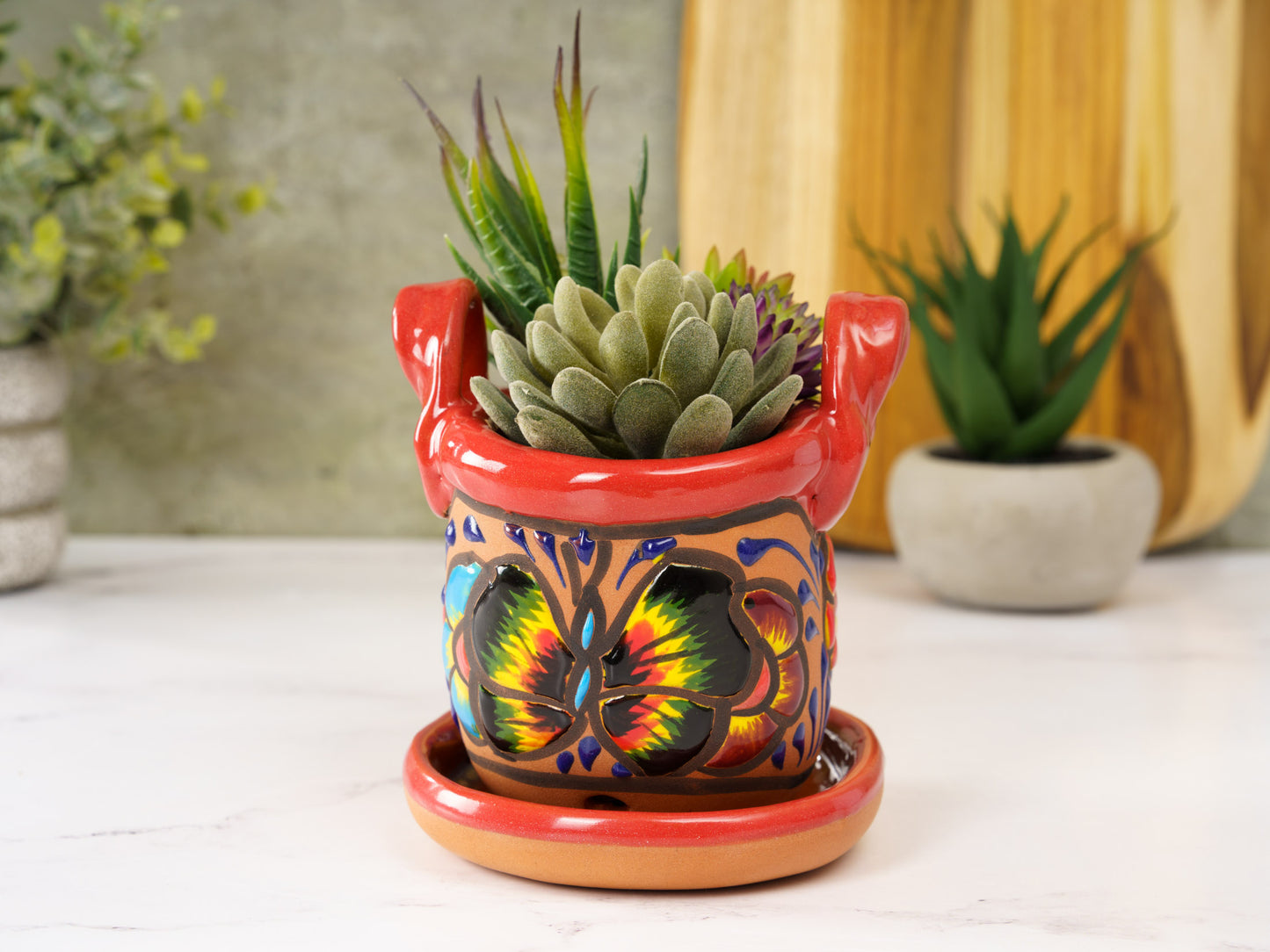 Handbag Planter - Mini - Terracotta Butterfly - Red Trim