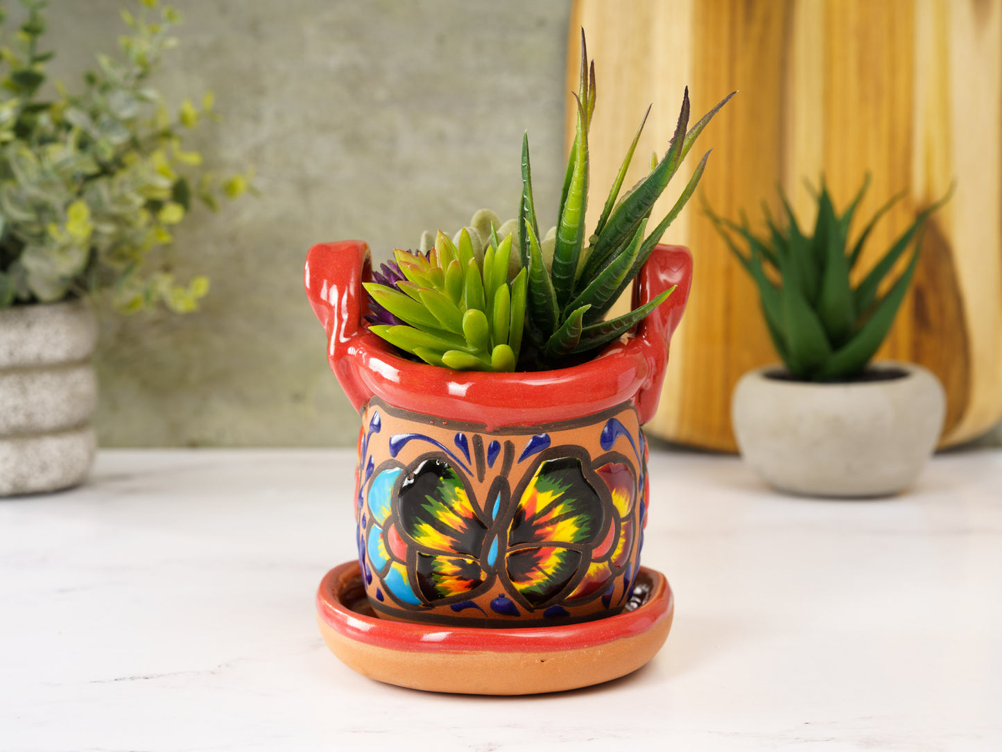 Handbag Planter - Mini - Terracotta Butterfly - Red Trim