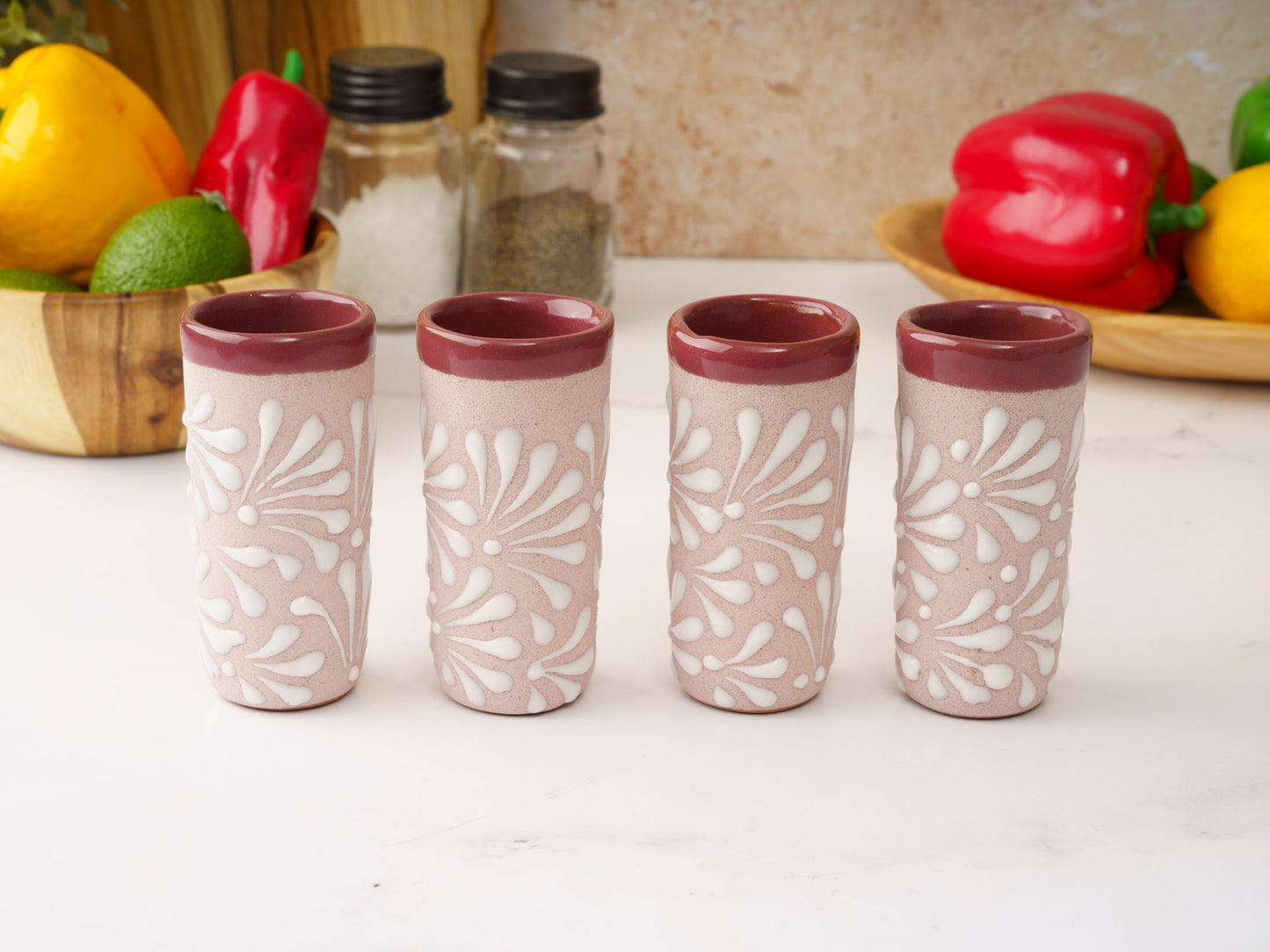 Shot Glass Set (4PC) - Puebla Style - White on Pink