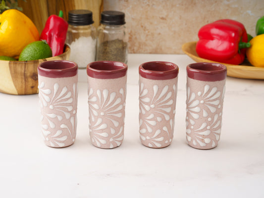 Shot Glass Set (4PC) - Puebla Style - White on Pink