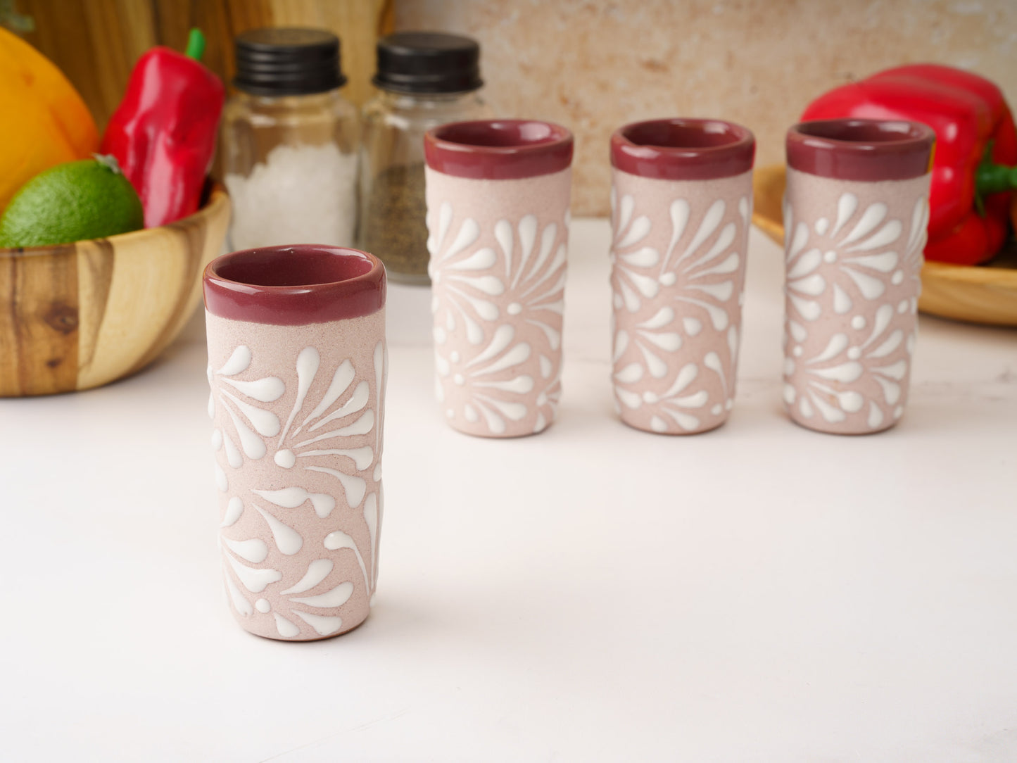 Shot Glass Set (4PC) - Puebla Style - White on Pink