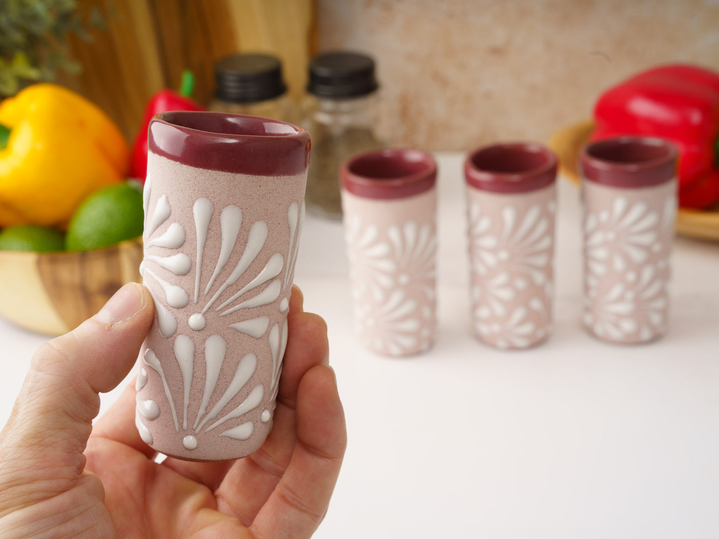 Shot Glass Set (4PC) - Puebla Style - White on Pink