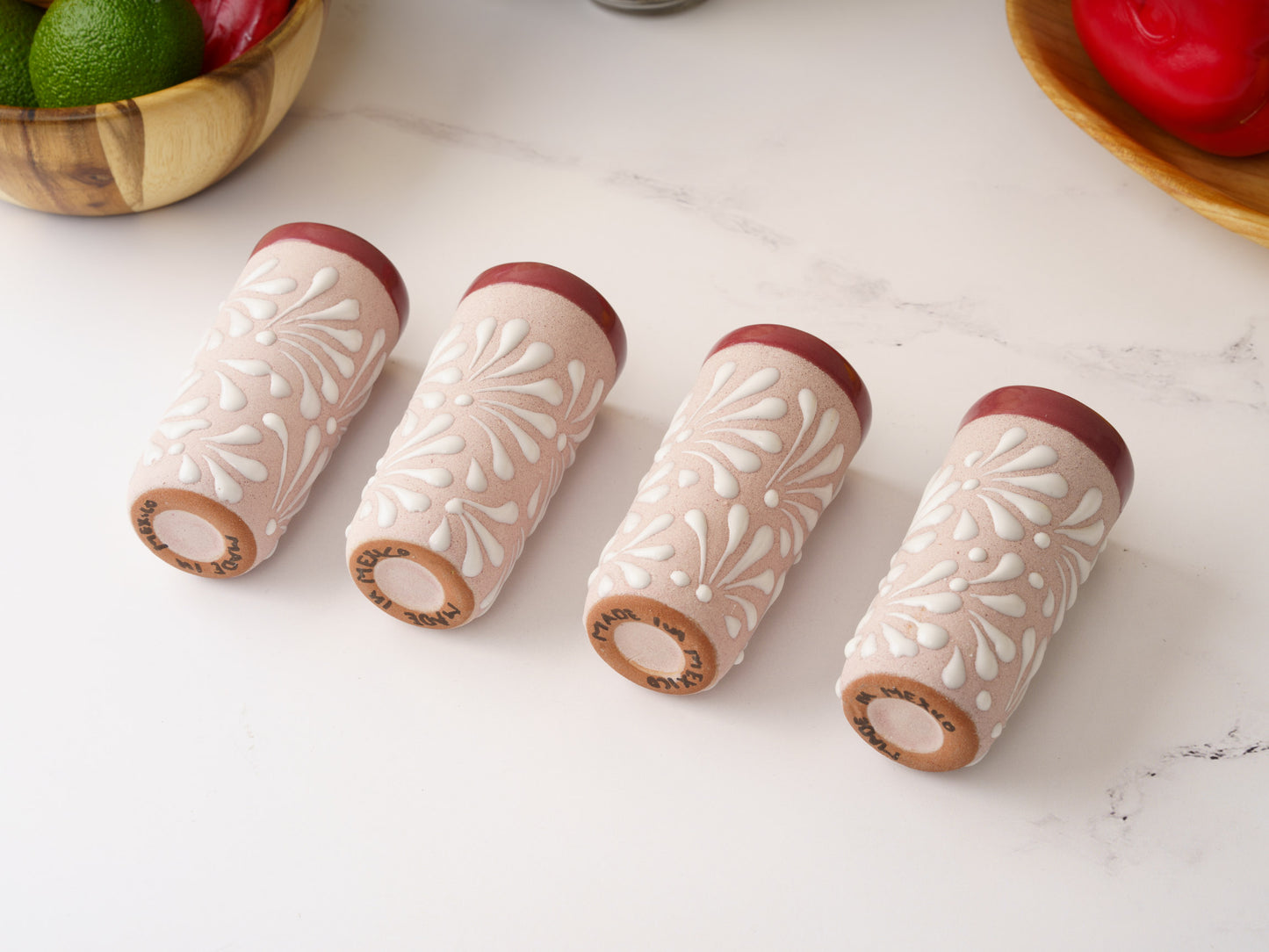Shot Glass Set (4PC) - Puebla Style - White on Pink