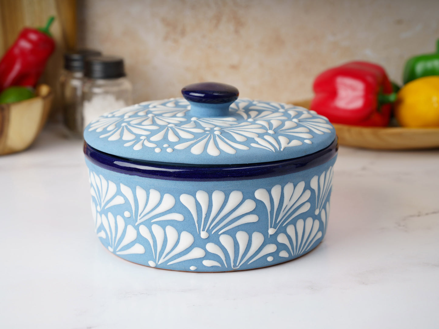 Tortilla Warmer - Puebla Style - White on Blue