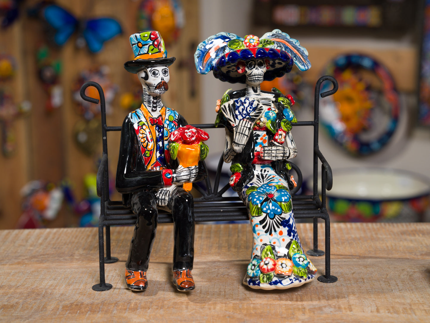 Premium Quality Catrina Couple With Bench Dia De Los Muertos