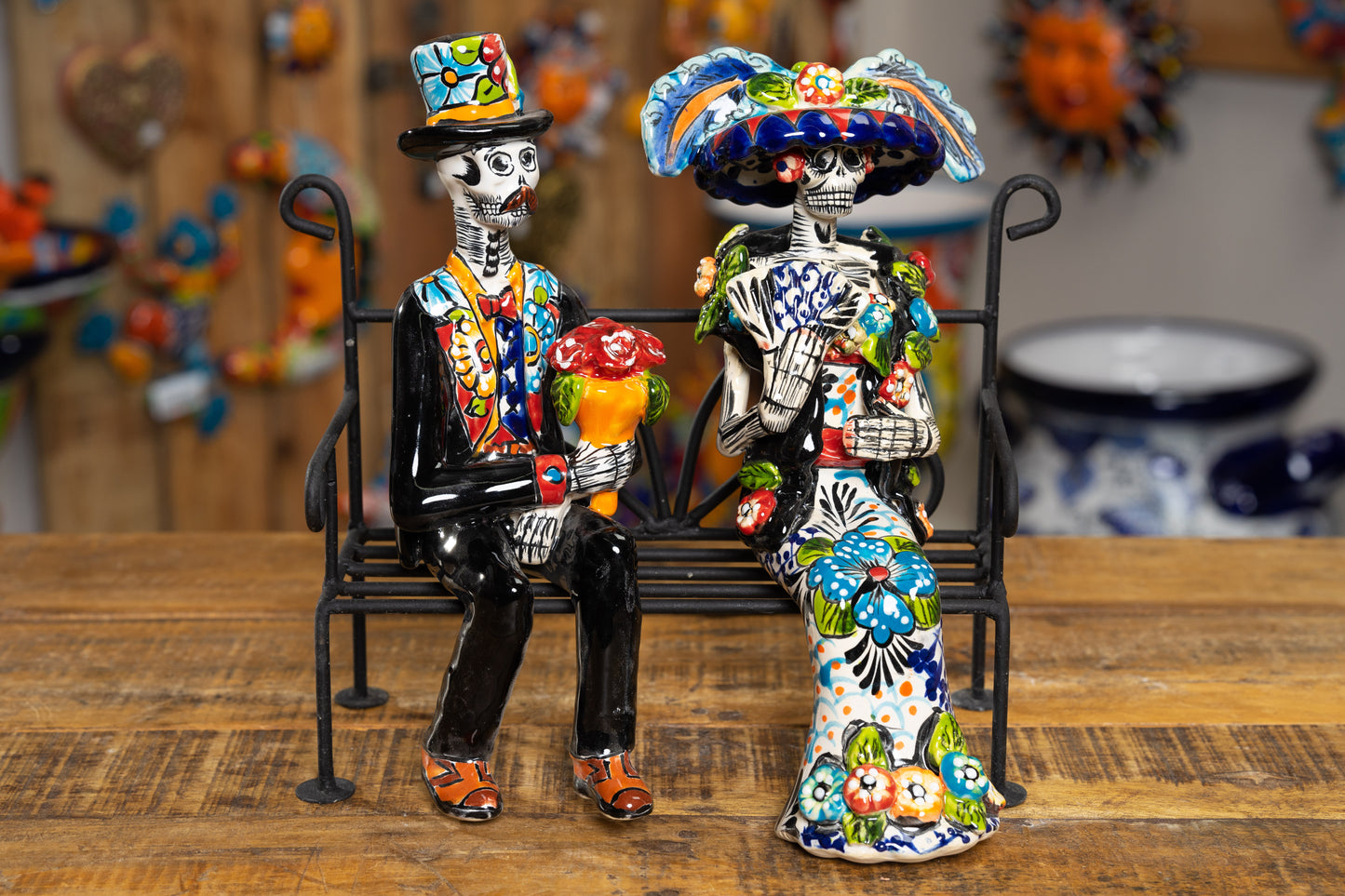 Premium Quality Catrina Couple With Bench Dia De Los Muertos