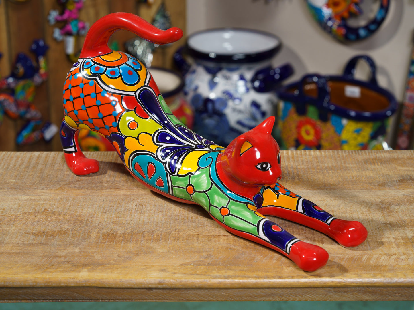 Large Stretching Cat Statue Red