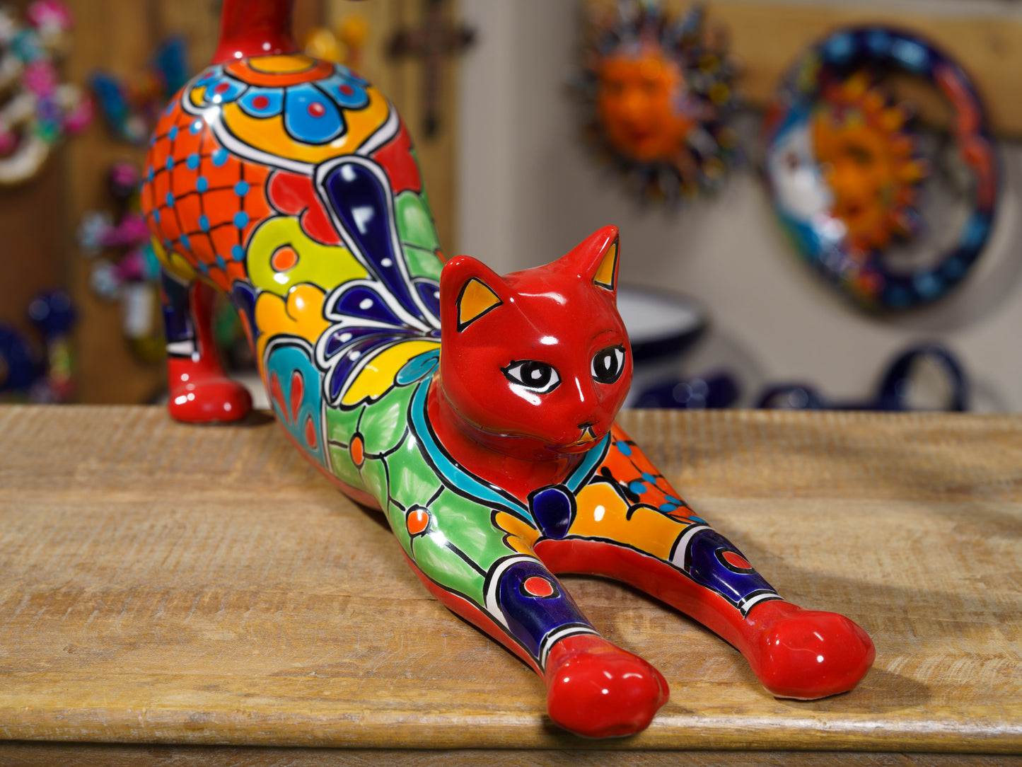 Large Stretching Cat Statue Red