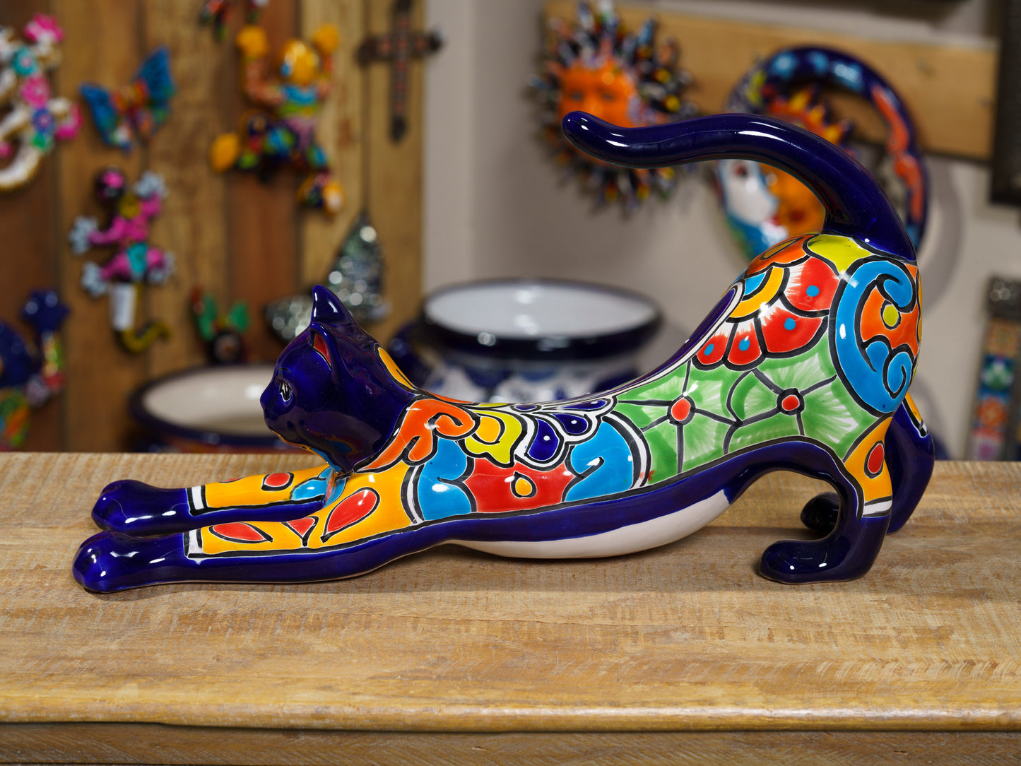 Large Stretching Cat Statue Cobalt