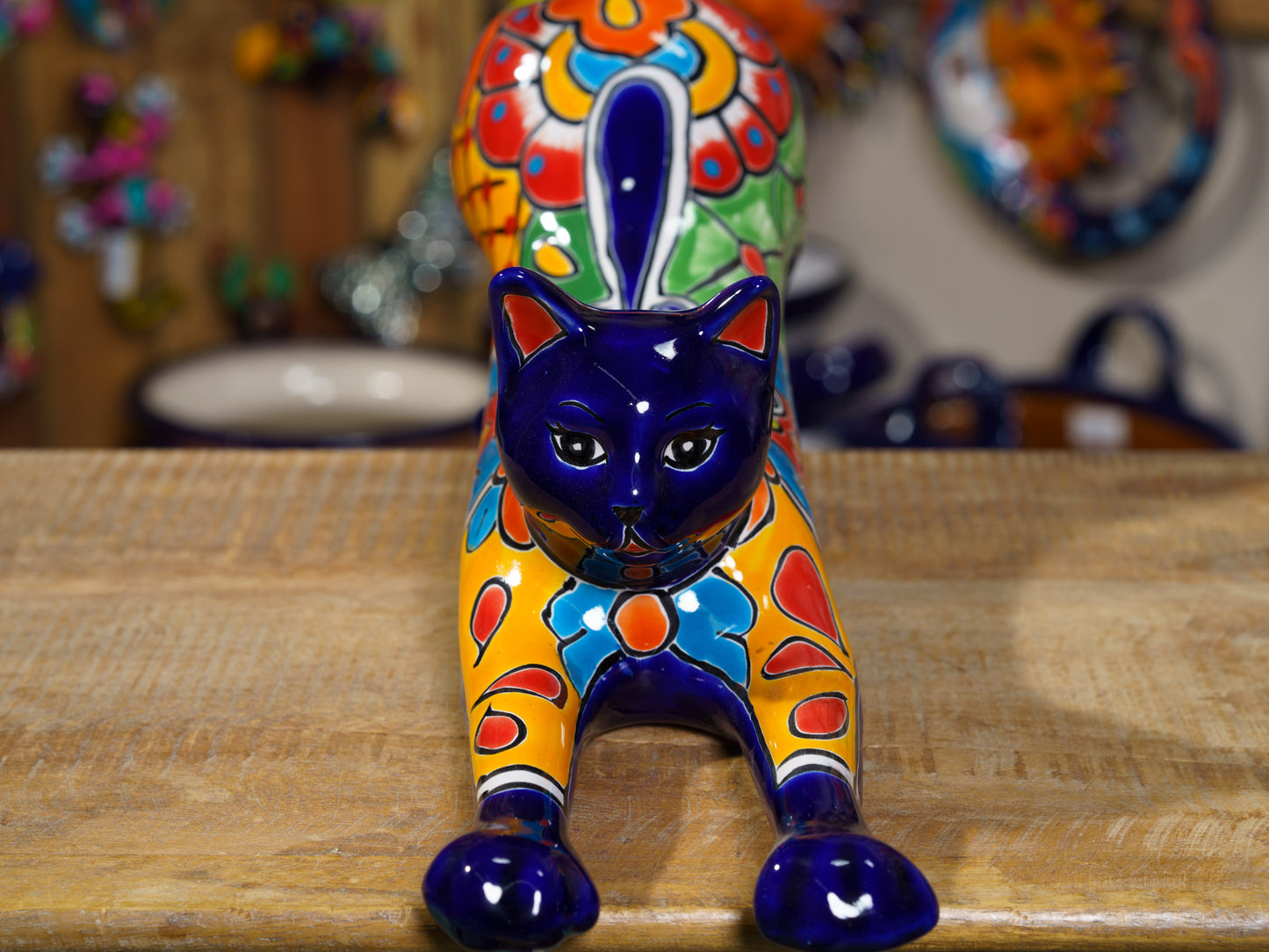 Large Stretching Cat Statue Cobalt