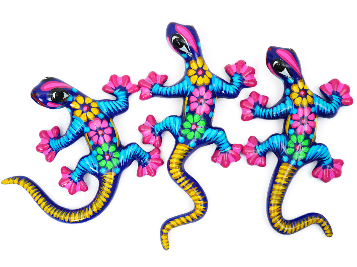 Set Of 3 Medium Climbing Geckos Wall Art Set Cobalt Enchanted Talavera