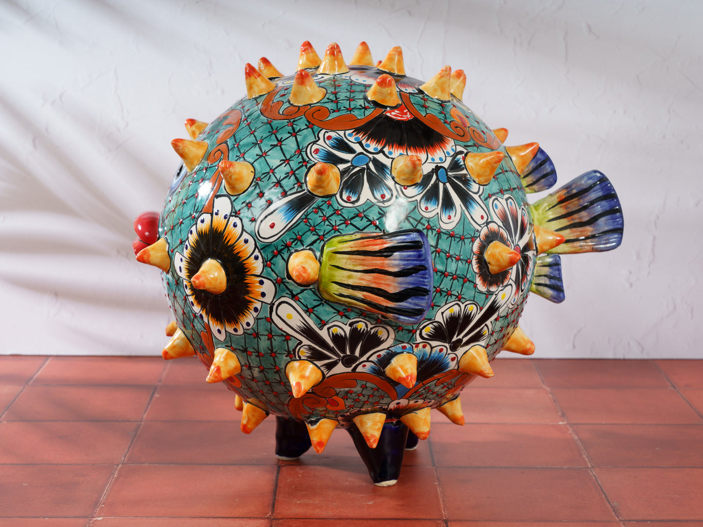 Premium Quality Pufferfish Large Sphere Statue Dark Blue Orange