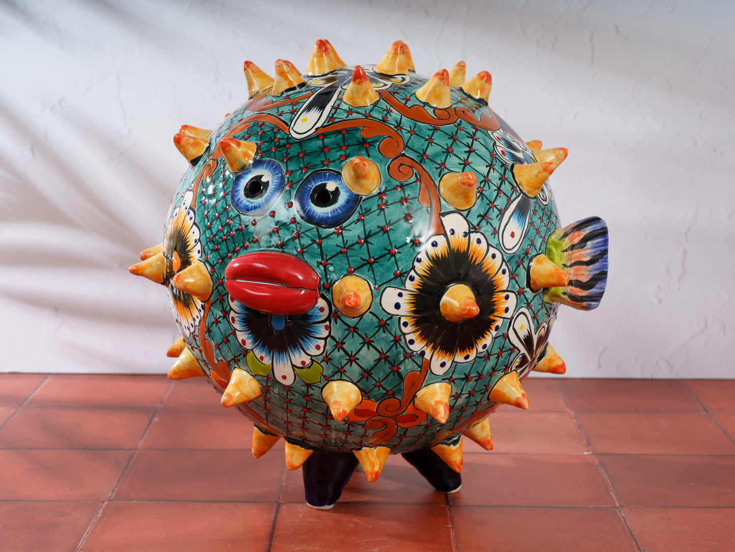 Premium Quality Pufferfish Large Sphere Statue Dark Blue Orange