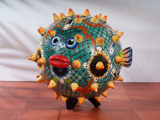 Premium Quality Pufferfish Large Sphere Statue Dark Blue Orange