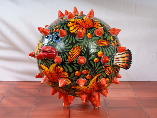 Premium Quality Pufferfish Blowfish Large Sphere Statue Jungle Flower SIGNED