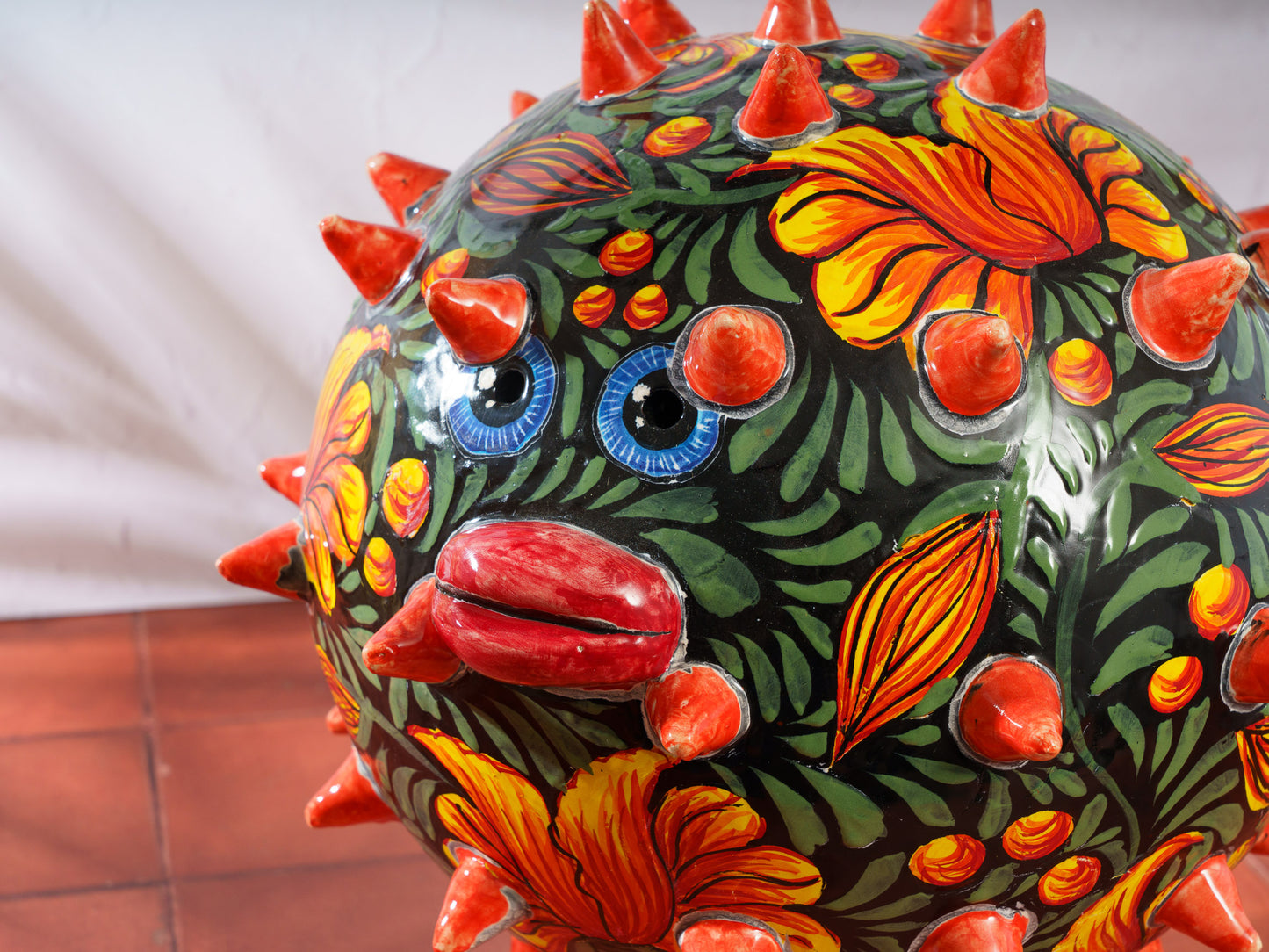 Premium Quality Pufferfish Blowfish Large Sphere Statue Jungle Flower SIGNED