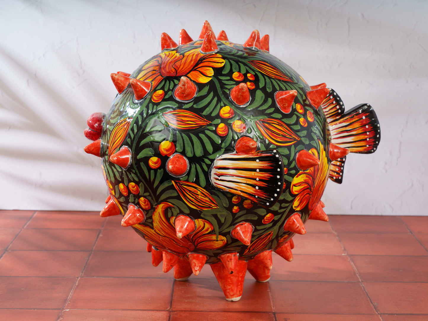 Premium Quality Pufferfish Blowfish Large Sphere Statue Jungle Flower SIGNED