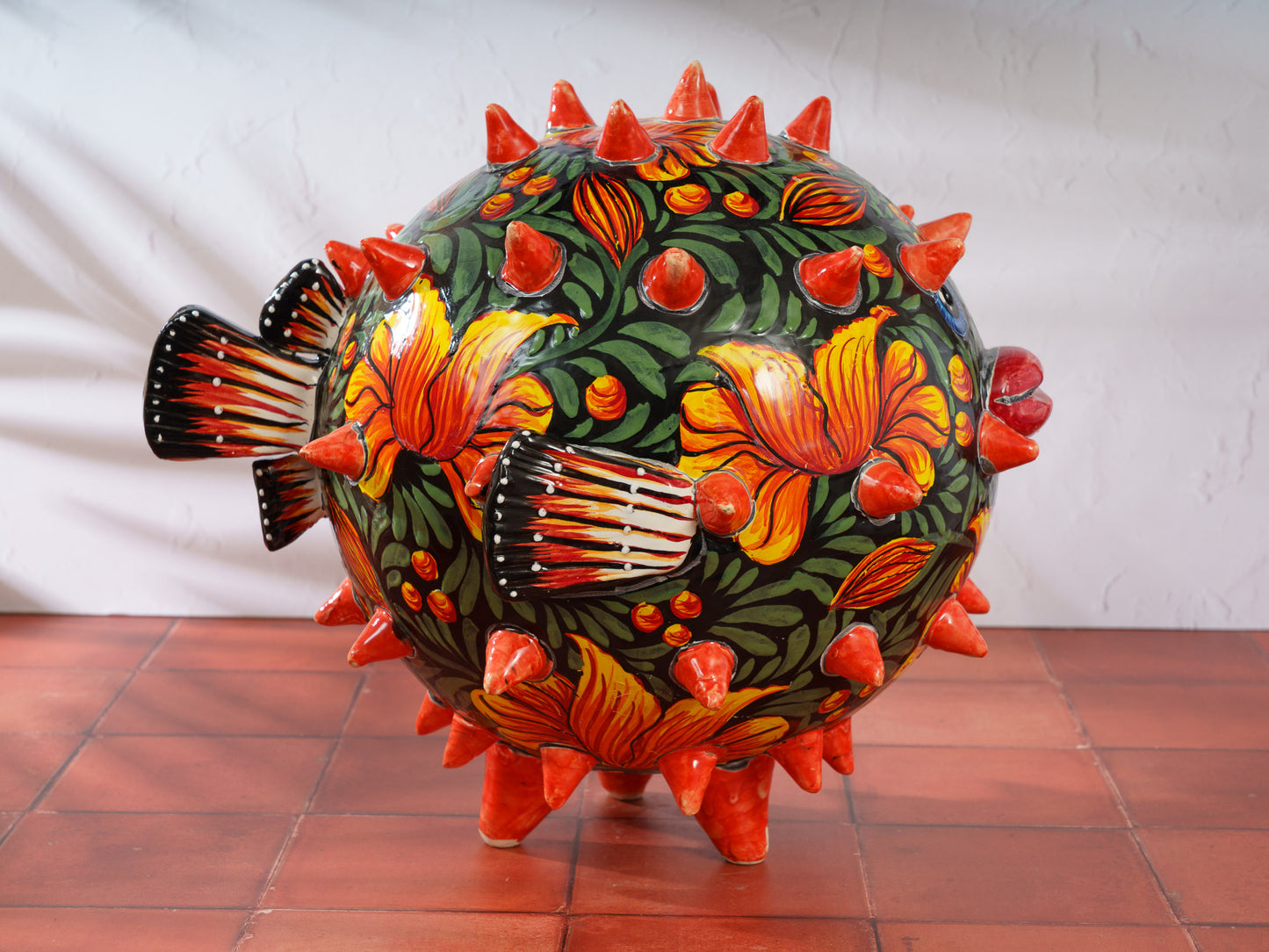 Premium Quality Pufferfish Blowfish Large Sphere Statue Jungle Flower SIGNED