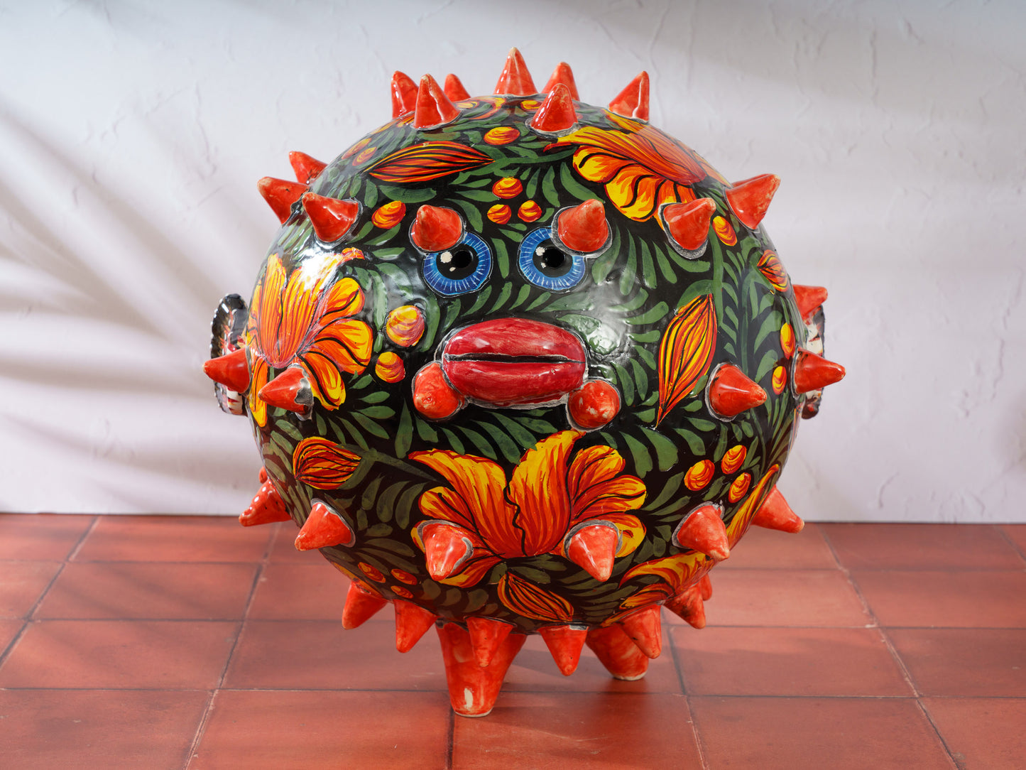 Premium Quality Pufferfish Blowfish Large Sphere Statue Jungle Flower SIGNED