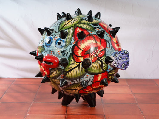 Premium Quality Pufferfish Blowfish Large Sphere Statue Tropical Flower SIGNED