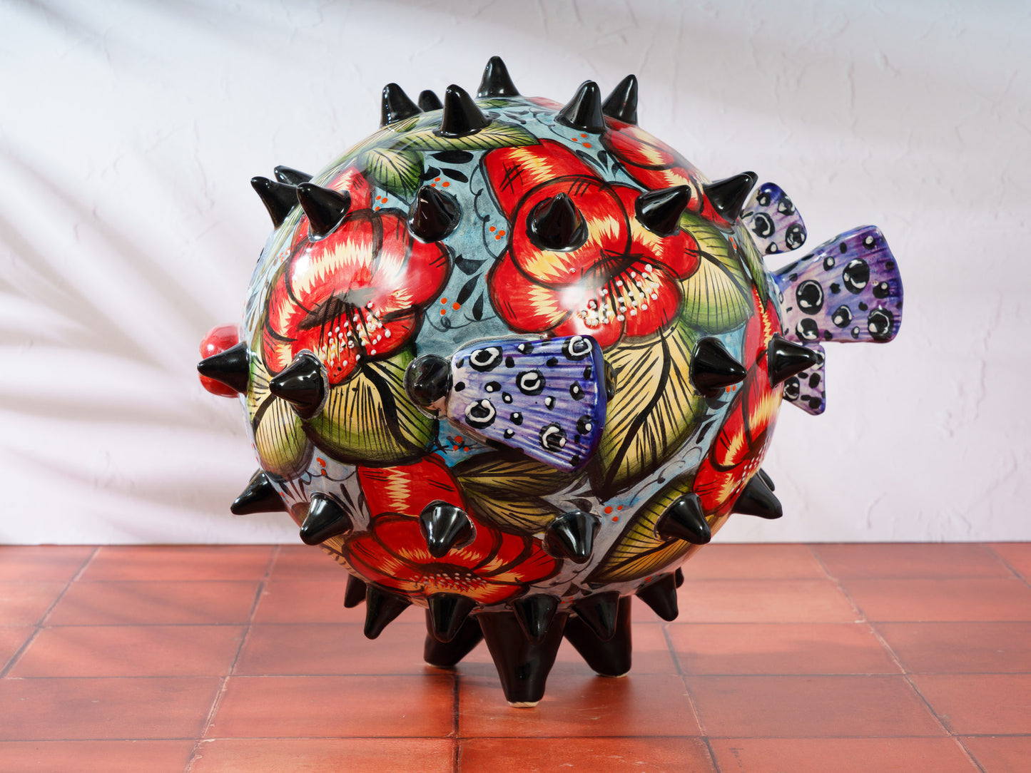 Premium Quality Pufferfish Blowfish Large Sphere Statue Tropical Flower SIGNED