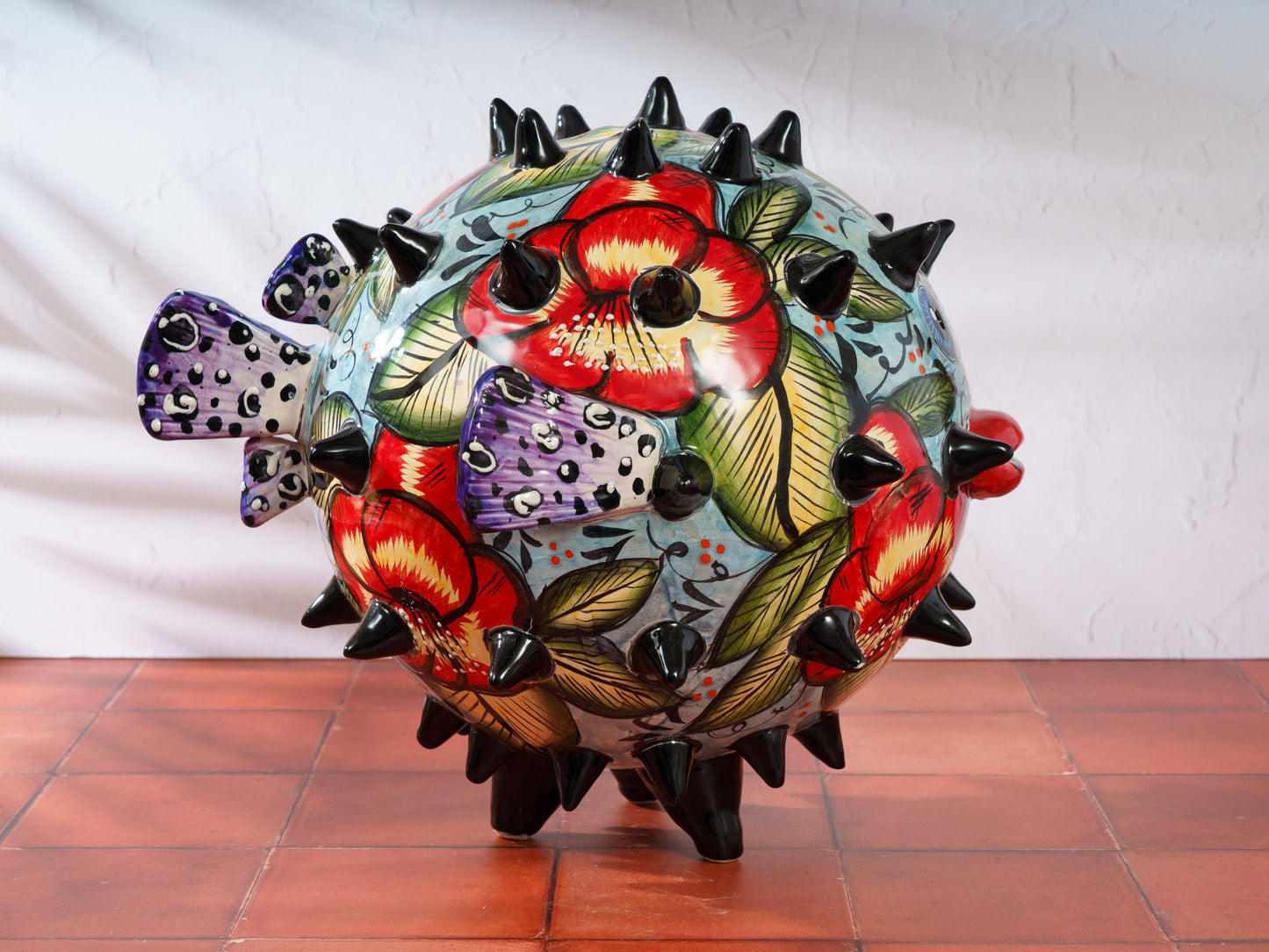 Premium Quality Pufferfish Blowfish Large Sphere Statue Tropical Flower SIGNED