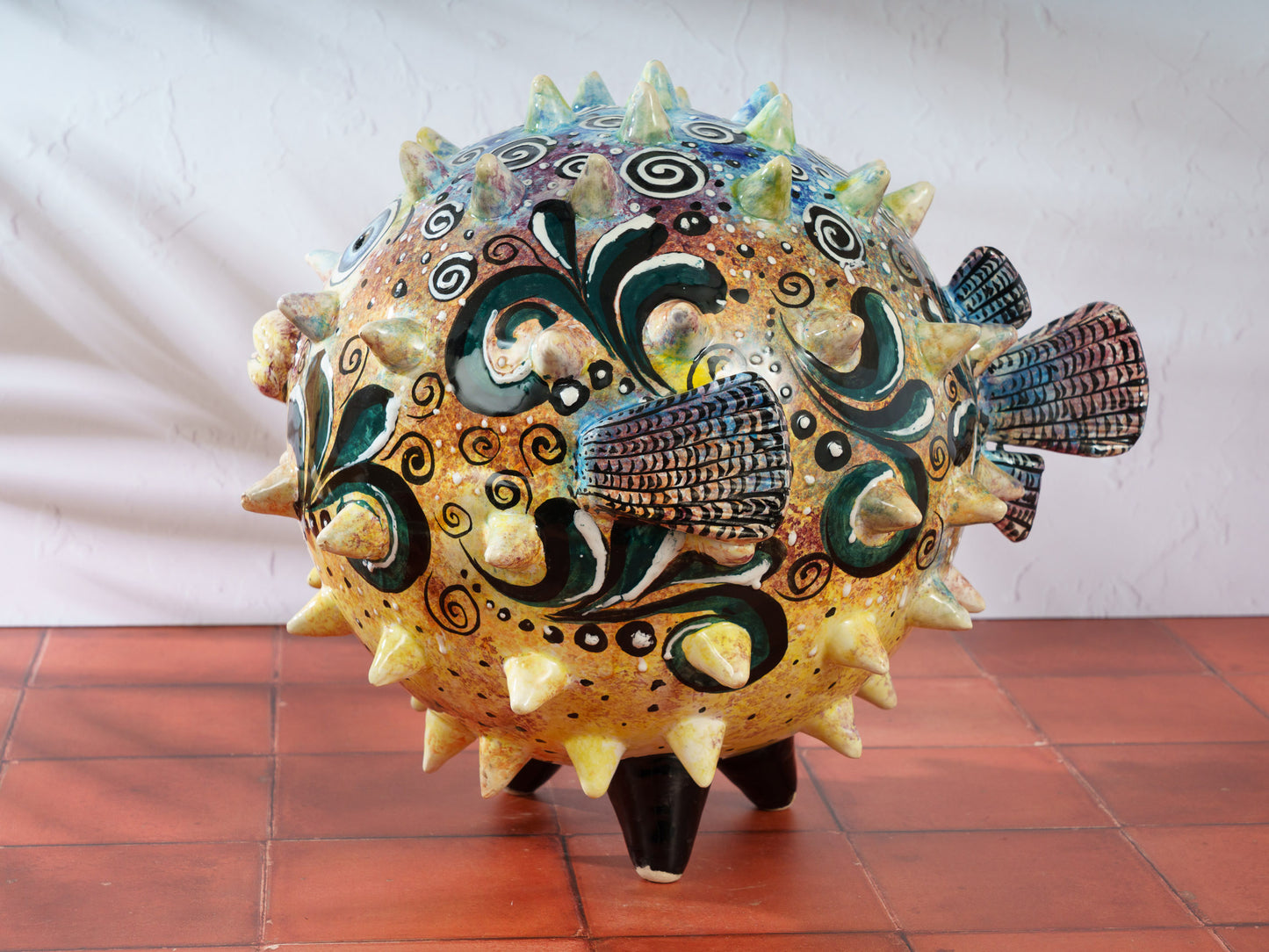 Premium Quality Pufferfish Blowfish Large Sphere Statue Coral White Teal SIGNED