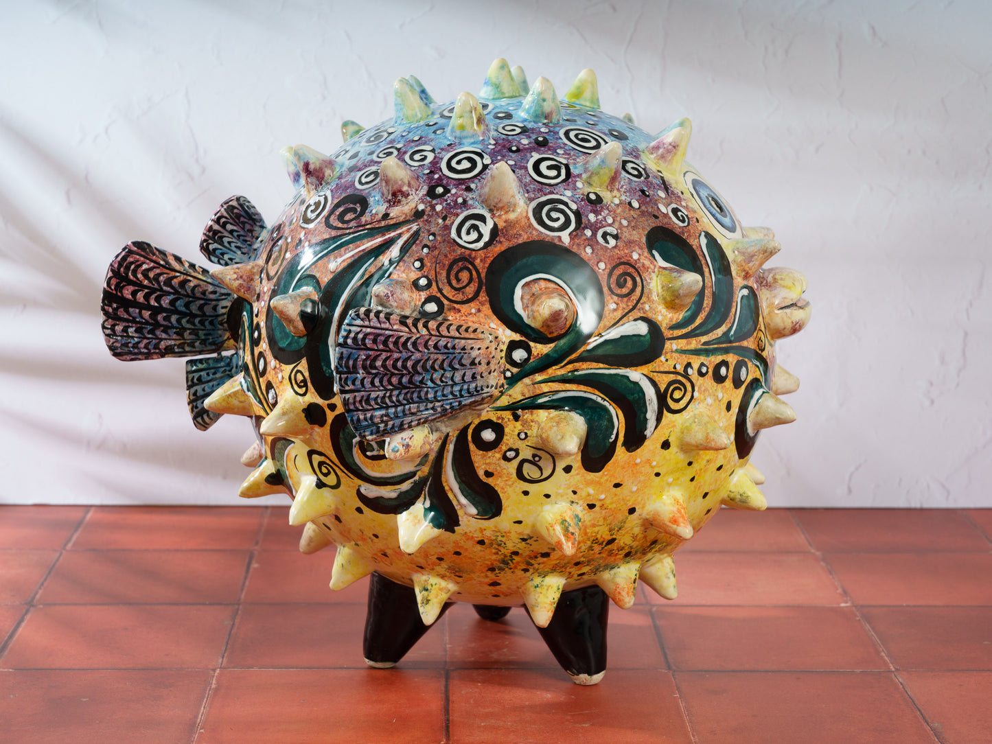 Premium Quality Pufferfish Blowfish Large Sphere Statue Coral White Teal SIGNED