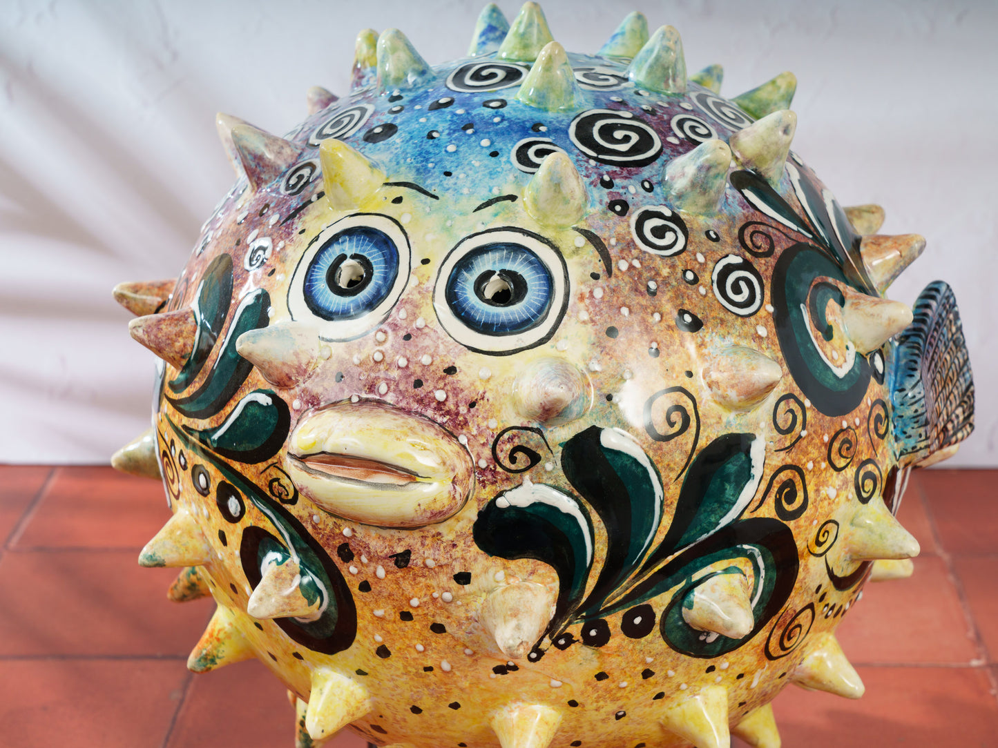 Premium Quality Pufferfish Blowfish Large Sphere Statue Coral White Teal SIGNED