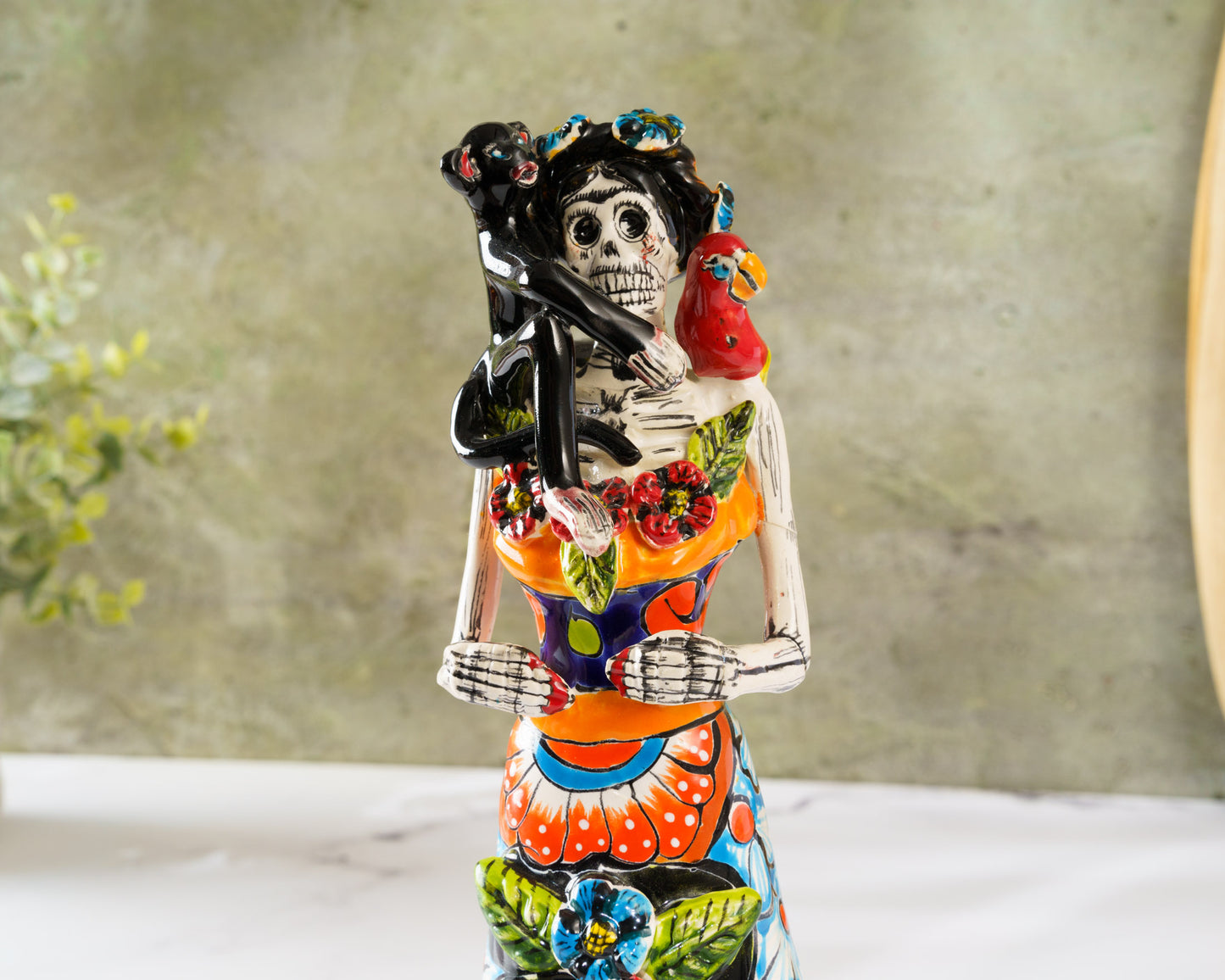 Rare Premium Quality Catrina Frida w Monkey and Parrot Figurine