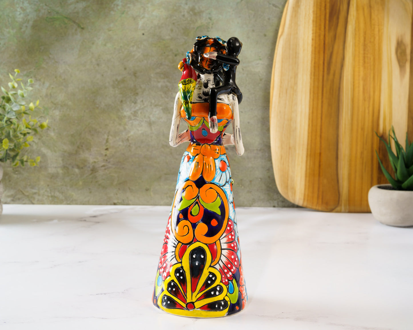 Rare Premium Quality Catrina Frida w Monkey and Parrot Figurine