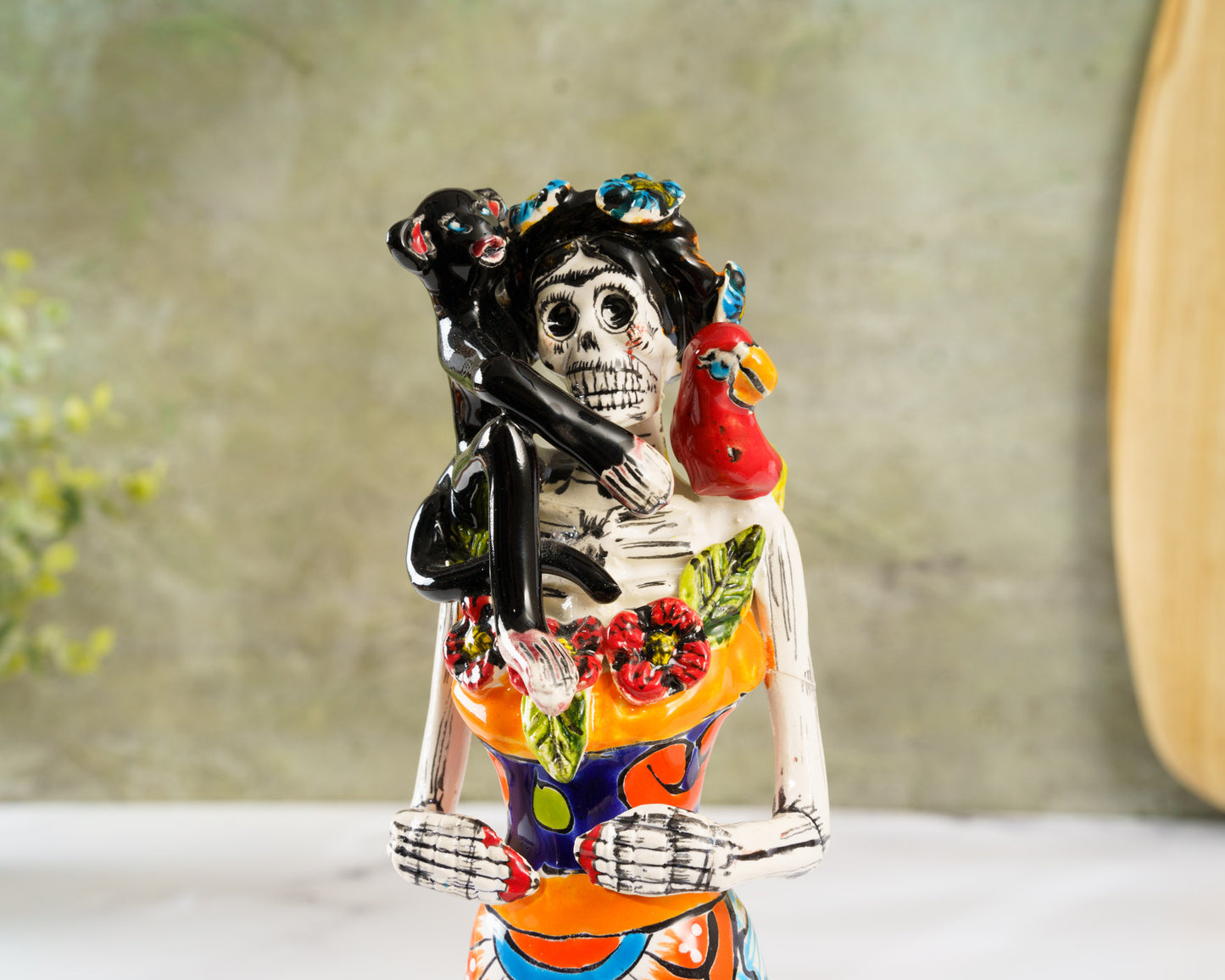 Rare Premium Quality Catrina Frida w Monkey and Parrot Figurine