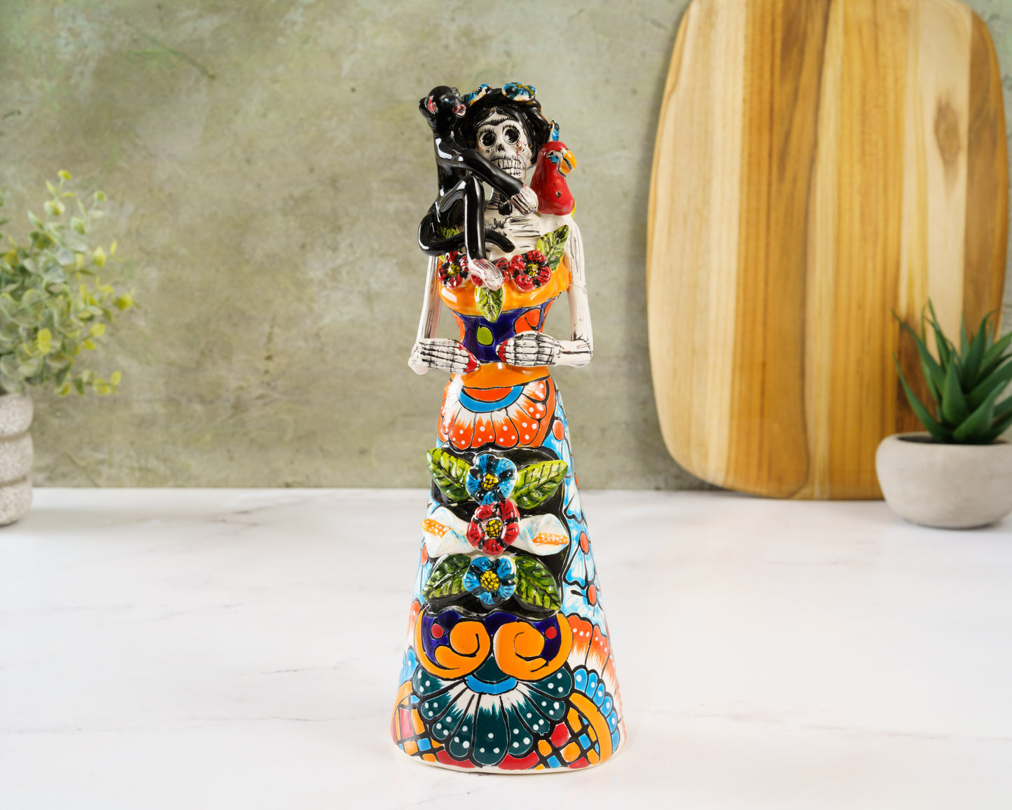 Rare Premium Quality Catrina Frida w Monkey and Parrot Figurine