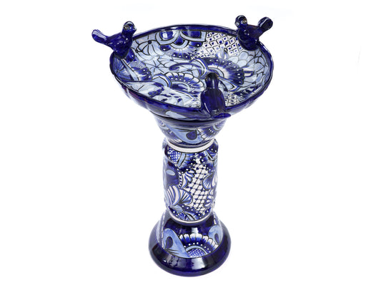 Large Bird Bath with Birds - Cobalt-White