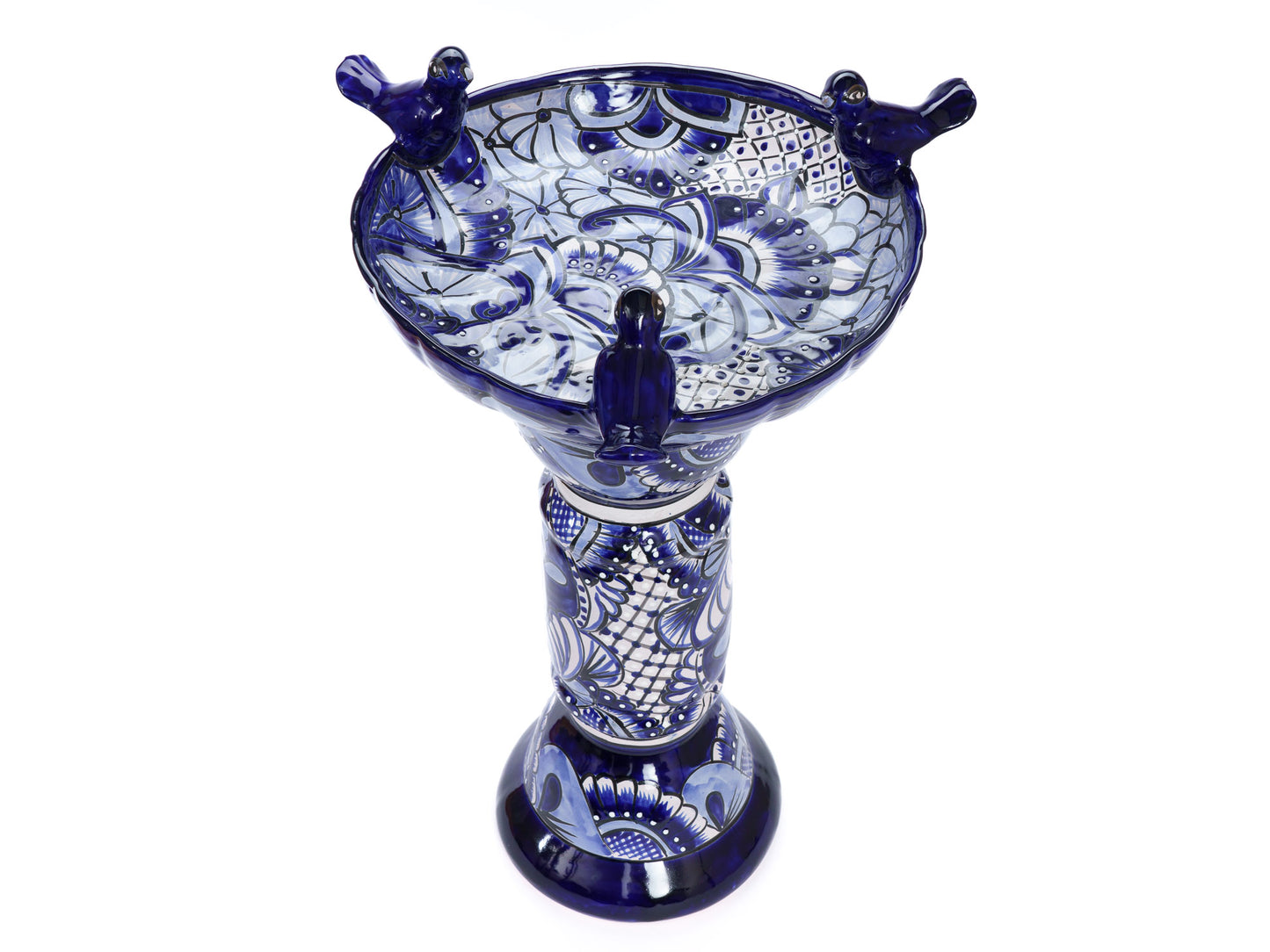 Large Bird Bath with Birds - Cobalt-White