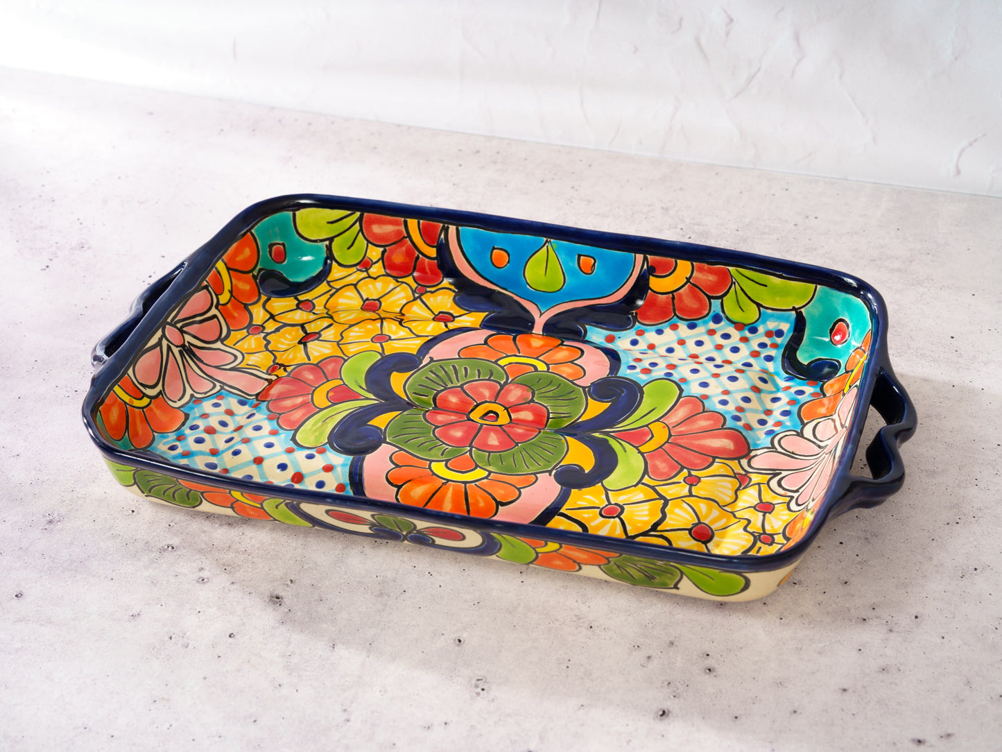 Large Rectangle Dish Serving Tray with Handles - Cobalt Multi-Color