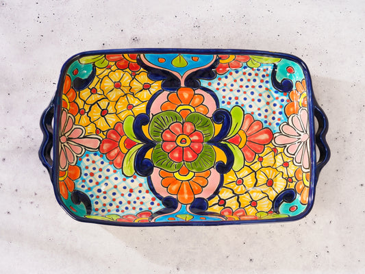 Large Rectangle Dish Serving Tray with Handles - Cobalt Multi-Color