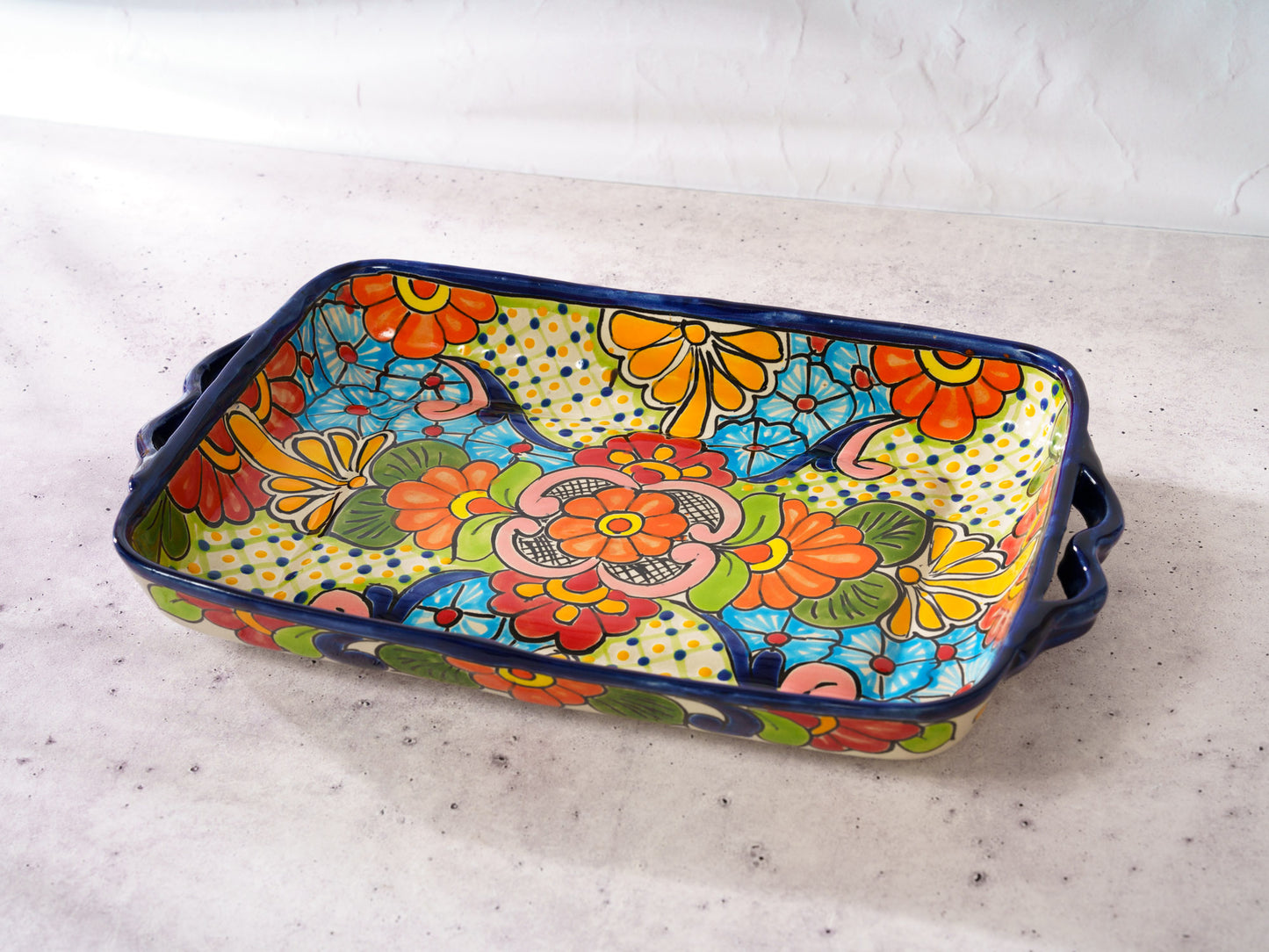 Large Rectangle Dish Serving Tray with Handles - Cobalt Multi-Color