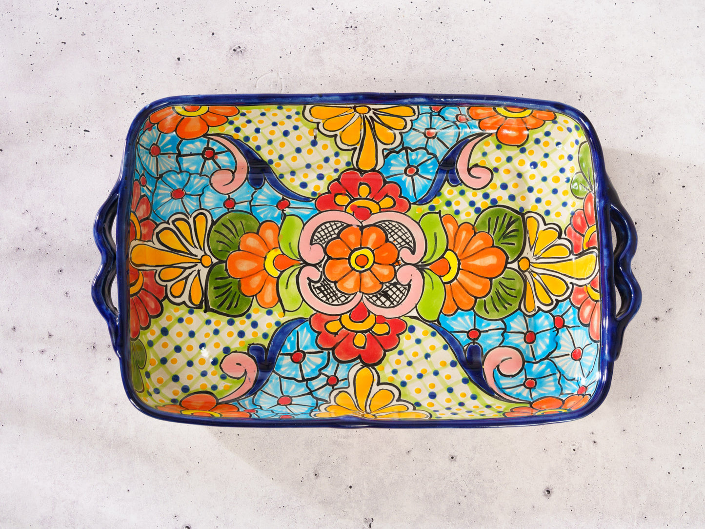 Large Rectangle Dish Serving Tray with Handles - Cobalt Multi-Color