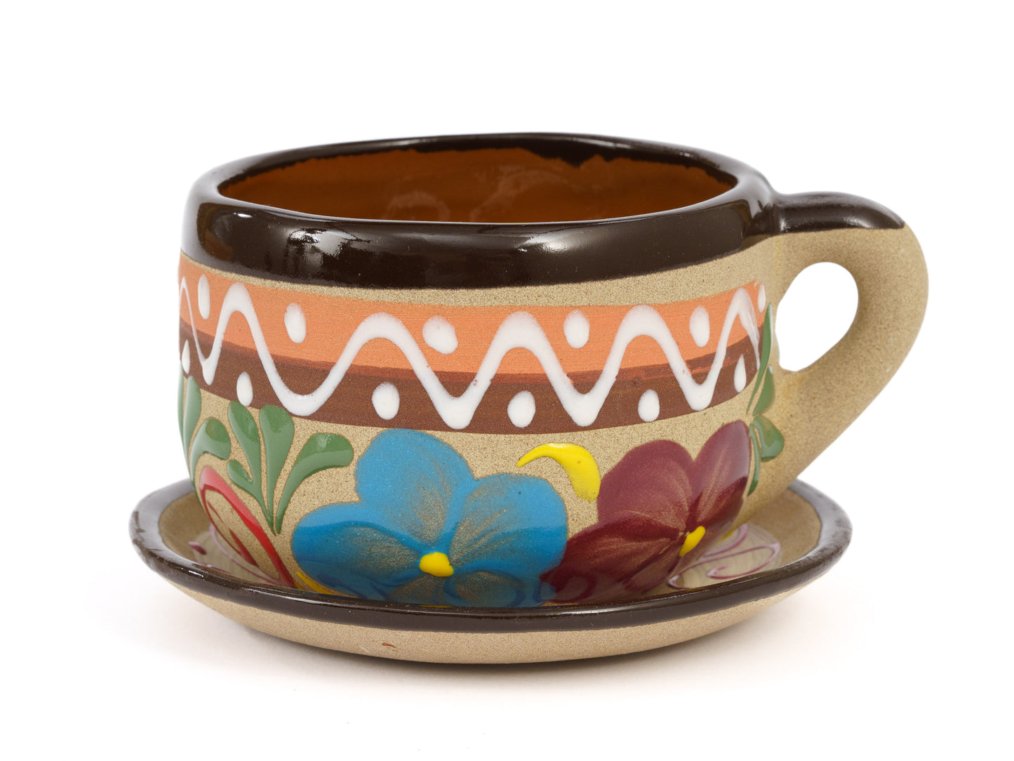 Large "Engobe" Coffee 1 Mug and Saucer Set - Dark Brown - (2PC)