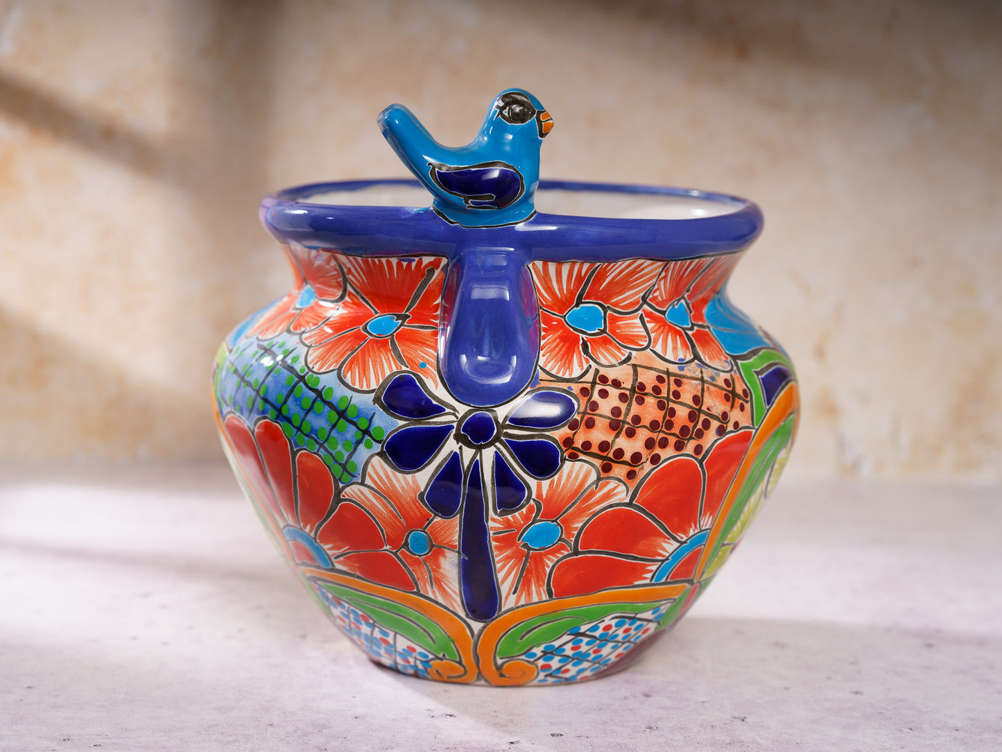 Michoacana Planter with Bird - Medium - Blue/Purple