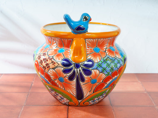 Michoacana Planter with Bird - Medium - Marigold/Orange Trim