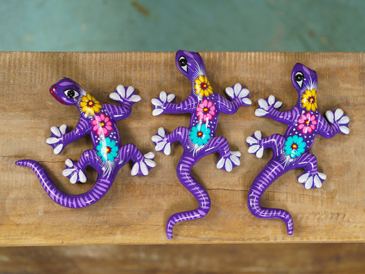 Set Of 3 Medium Climbing Geckos Wall Art Set Purple