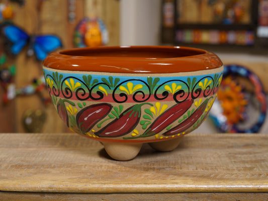 Molcajete Bowl Flower Pot - Hot Peppers - Large - Brown