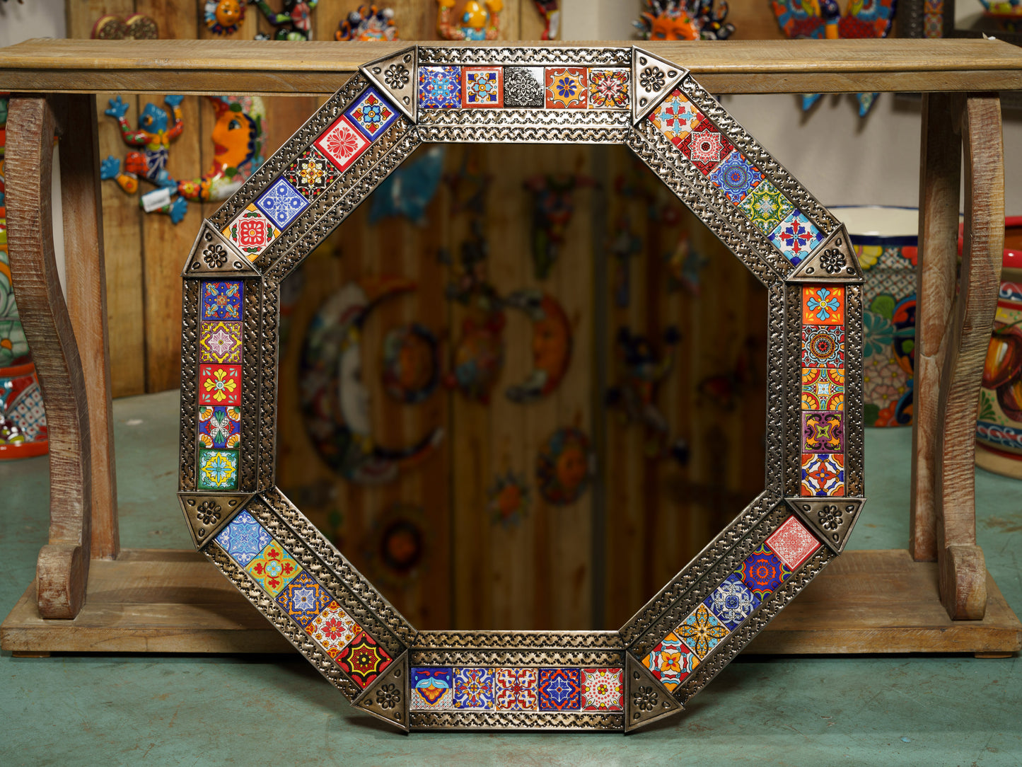 Extra Large Burnished Silver Tin Octagon Mirror Talavera Tiles