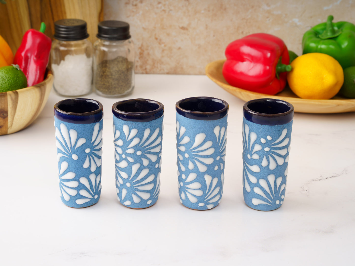 Shot Glass Set (4PC) - Puebla Style - White on Blue