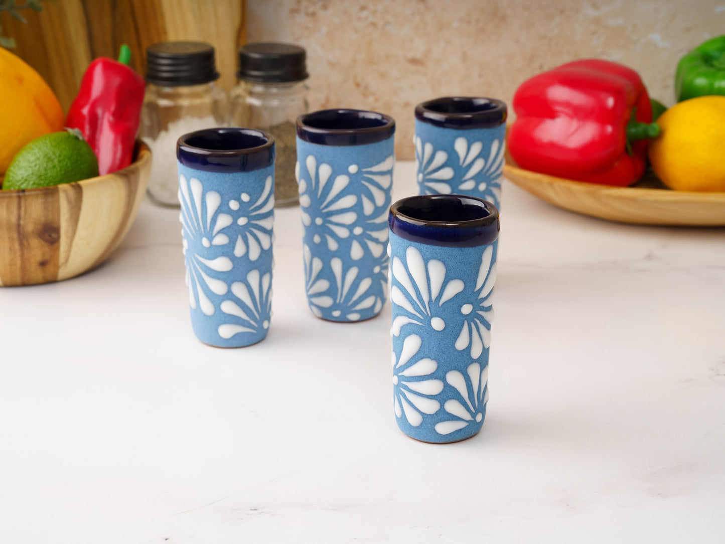 Shot Glass Set (4PC) - Puebla Style - White on Blue