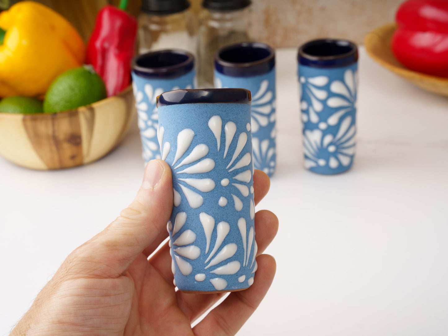 Shot Glass Set (4PC) - Puebla Style - White on Blue